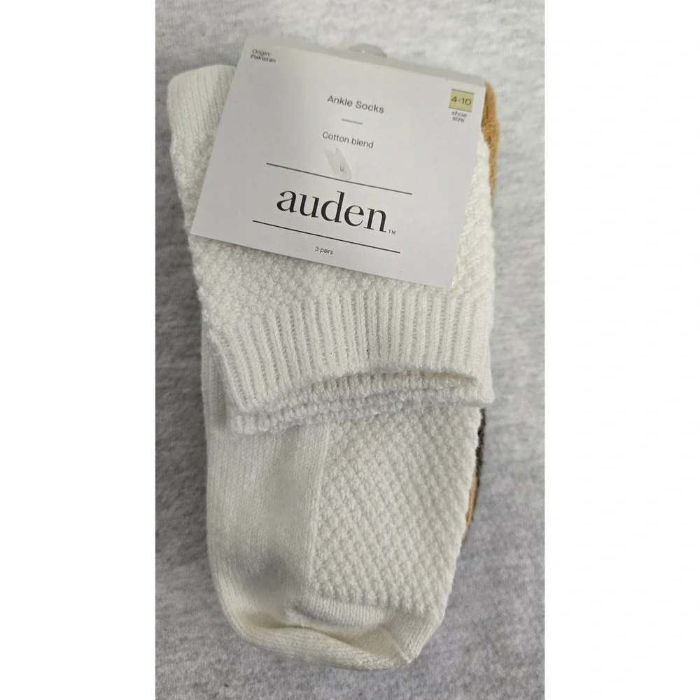 Auden Womens Ankle Socks 3 Pairs Cotton Blend Textured Knit Neutral Multi 4-10
